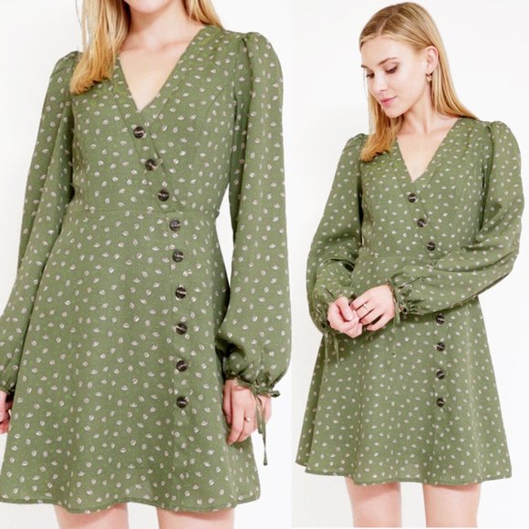 Olive Sage Green Faux Wrap Asymmetric Button Dress - Picture 5 of 8